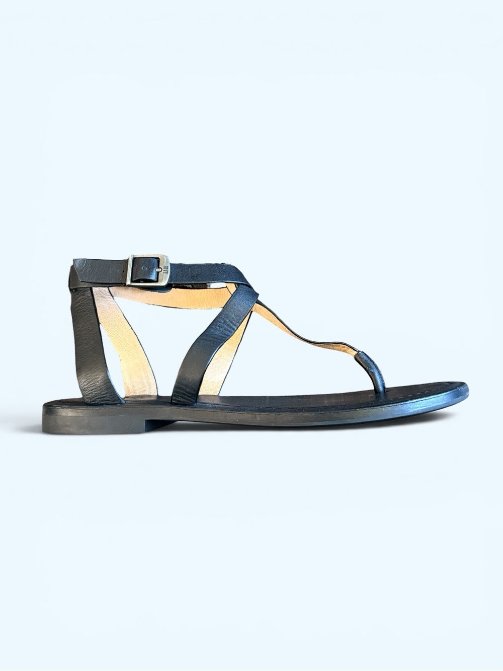 FRYE Black Leather T-Strap Ankle-Buckle Sandals